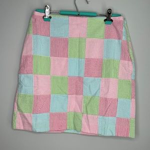 Talbots Red/pink/blue/green seersucker madras (lined) skirt. Size 8. NEW w/tags